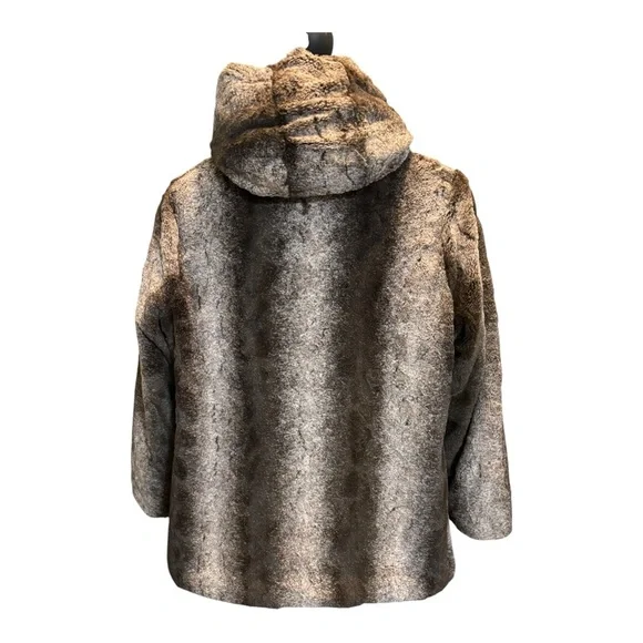 Dennis Basso Faux Fur Jacket Size Large Light Brown Faux Fur Coat with Hood - Picture 3 of 13